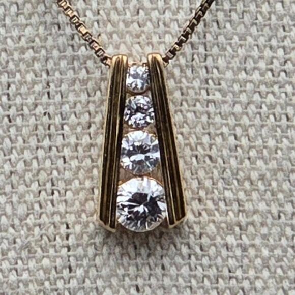 Gold Vermeil Sterling Silver 925 CZ Graduated Bar Drop Pendant Necklace - Picture 5 of 7